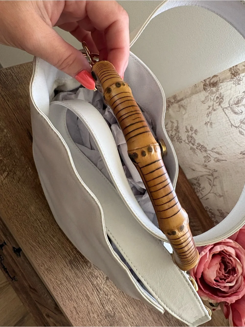 Gucci White Leather Bamboo-Handle Bag
